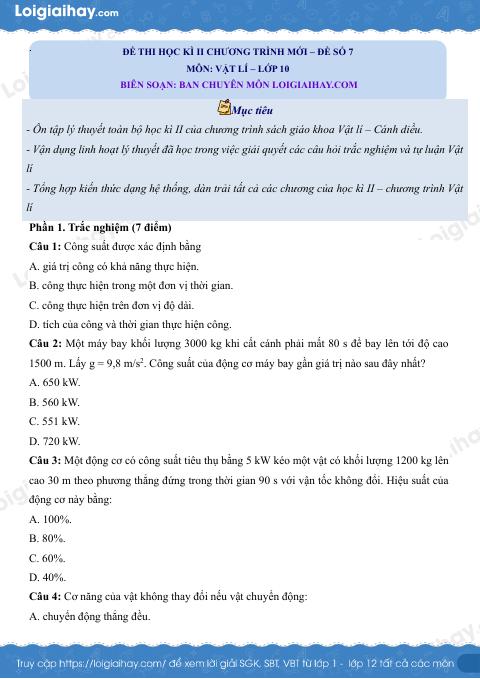 Đề thi học kì 2 Vật lí 10 Cánh diều - Đề số 7